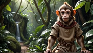 A brown juvenile male monkey dressed in very simple style plain cloth medieval tunic, in a realistic furry style, 
happy, photorealistic,  
jungle scene,