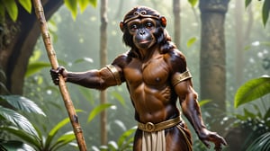 Epic full body photo insane details, 
A little thin brown bonobo anthro with brown eyes in a realistic furry style, with a handsome, happy smile, dressed in very simple style medieval tunic, wearing a tight headhoop on head ,
holds up a beautifully carved long stick in his right hand. 
His left hand is tucked out of sight in his pocket. 
In the background an out-of-focus jungle scene, detailed eyes, fantasy style, smirking, full_body.
anthro,wearing a tight headhoop on head