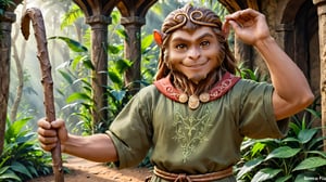 realistic photo, insane details, 
A little thin brown bonobo anthro with brown eyes in a realistic furry style, with a handsome, happy smile, dressed in very simple style medieval tunic, wearing a tight headhoop on head ,
holds up a beautifully carved long stick in his right hand. 
His left hand is tucked out of sight in his pocket. 
In the background an out-of-focus jungle scene, detailed eyes, fantasy style, smirking, full body.
wearing a tight headhoop on head
