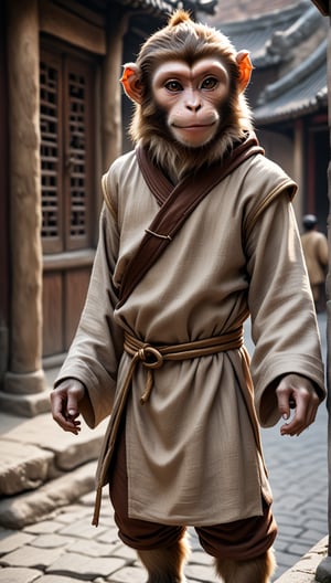 A brown juvenile male monkey dressed in very simple style plain cloth medieval tunic, in a realistic furry style, 
happy, photorealistic,  
Scene on the streets of ancient China,