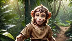 A brown juvenile male monkey anthro in a realistic furry style, 
photorealistic,  
happy smile, dressed in very simple style medieval tunic, 
jungle scene,wearing a tight headhoop on head ,