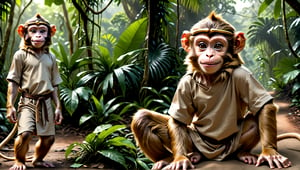 A brown juvenile male monkey dressed in very simple style plain cloth tunic, in a realistic furry style, 
happy face, photorealistic,  
jungle scene,wearing a tight headhoop on head ,