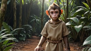 A brown juvenile male monkey dressed in very simple style plain cloth medieval tunic, in a realistic furry style, 
photorealistic,  
jungle scene,