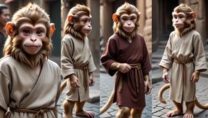 A juvenile male monkey dressed in very simple style plain cloth tunic, in a realistic furry style, 
happy, detailed eyes, photorealistic,  
The face is long and thin, and the hairstyle is like a chestnut head.
Scene on the streets of ancient times.