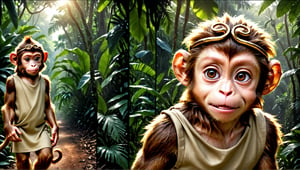 A brown juvenile male monkey dressed in very simple style plain cloth tunic, in a realistic furry style, 
funny expression, photorealistic,  
jungle scene,wearing a tight headhoop on head ,