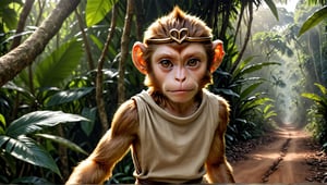 A brown juvenile male monkey dressed in very simple style plain cloth tunic, in a realistic furry style, 
looked naughty, photorealistic,  
jungle scene,wearing a tight headhoop on head ,