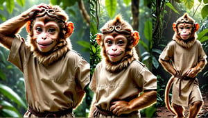 A brown juvenile male monkey dressed in very simple style plain cloth tunic, in a realistic furry style, 
happy face, photorealistic,  
jungle scene,wearing a tight headhoop on head ,