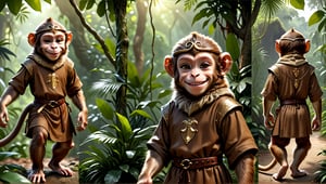 A brown juvenile male monkey dressed in very simple style medieval tunic, in a realistic furry style, 
happy smile, photorealistic,  
jungle scene,wearing a tight headhoop on head ,