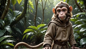 A brown juvenile male monkey dressed in very simple style plain cloth medieval tunic, in a realistic furry style, 
photorealistic,  
jungle scene,