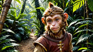 A brown juvenile male monkey dressed in very simple style medieval tunic, in a realistic furry style, 
photorealistic,  
jungle scene,wearing a tight headhoop on head ,