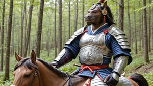 closeup,photo,  a bonobo samurai, in full armor, is riding a horse, feudal japan background