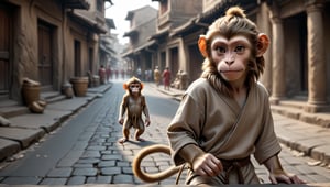 A juvenile male monkey dressed in very simple style plain cloth tunic, in a realistic furry style, 
happy, detailed eyes, photorealistic,  
thick hair on top of head .
Scene on the streets of ancient times.