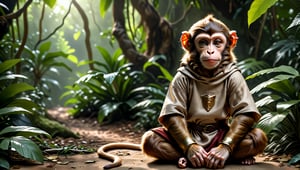 A brown juvenile male monkey dressed in very simple style plain cloth medieval tunic, in a realistic furry style, 
looked naughty, photorealistic,  
jungle scene,