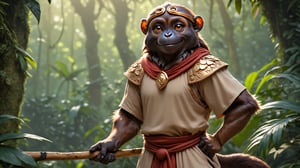 Epic full body photo insane details, 
A little thin brown bonobo anthro with brown eyes in a realistic furry style, with a handsome, happy smile, dressed in very simple style medieval tunic, wearing a tight headhoop on head ,
holds up a beautifully carved long stick in his right hand. 
His left hand is tucked out of sight in his pocket. 
In the background an out-of-focus jungle scene, detailed eyes, fantasy style, smirking, full_body.,flat colors,Ratatoskr style,digital art,flat colors
wearing a tight headhoop on head