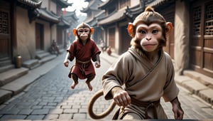 A brown juvenile male monkey dressed in very simple style plain cloth medieval tunic, in a realistic furry style, 
happy, photorealistic,  
Scene on the streets of ancient China,