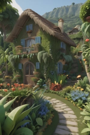 
**Quality**: Masterpiece, very detialed scence, photorealistic, 4k quality, 8k quality,
**Structure**: A tiny, beautiful, brown cottage
**Foreground**: A lush garden with rows of plants, vegetables
**Sky**: clear, blue
**jungle**: Banana, mountaint, fruit trees appear behind the cottage
**Style**: European relaxation
**Environment**: Very fresh, early morning