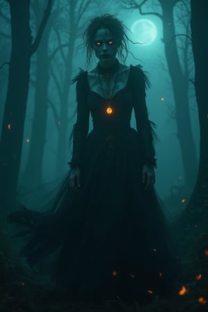 A ghostly, enchanted figure, a mysterious woman with glowing eyes and ancient, intricate tattoos on her pale skin, wanders through a misty, moonlit forest at midnight. She wears a flowing, black Gothic gown that billows in the wind, with glowing embers floating around her. A faint golden glow from a magical pendant on her neck casts eerie light across the shadowy trees. The atmosphere is cold and mystical, with dark tones of blue and black, shrouded in thick fog. The forest feels alive, haunted by her presence.