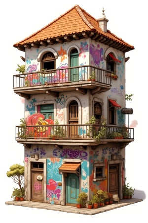 3D isometric drawing of a Mediterranean-style building with multiple floors and terracotta-tiled roofs. Vibrant, colorful graffiti covers the exterior walls in bold tags, intricate murals, and street art, each section showcasing different techniques. Aged plaster texture contrasts with fresh, vivid colors, while simple, rustic windows and doors add to the charm. Warm, natural lighting highlights the structure, casting soft shadows for a 3D effect.