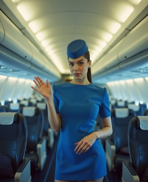  Hailee Steinfeld is an air hostess with a short blue skirt and a little hat. standing in an airplane corridor. she is motioning towards the plane exits with a seductive look on her face . her black hair is pulled back in a neat ponytail. shot from the front on a Hasselblad H2F