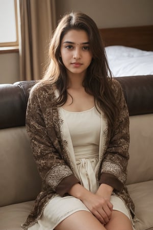 beautiful cute young attractive indian teenage girl, village girl, 18 years old, cute, Instagram model, medium brown wavy hairs, warm, dacing, in home sit at sofa, wearing athenic outfit, casual outfit for women