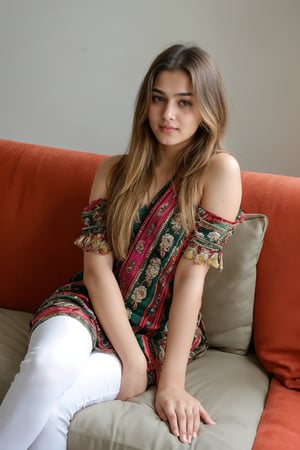 beautiful cute young attractive indian teenage girl, village girl, 18 years old, cute, Instagram model, medium blonde hair_hair, colorful hair, warm, dacing, in home sit at sofa, wearing athenic outfit, casual outfit for women