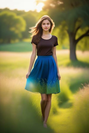 A whimsical scene unfolds: a lone girl with luscious brown locks stands in the midst of a lush green meadow, her bright brown eyes sparkling as she gazes directly at the viewer. A warm smile plays on her lips, illuminated by the soft glow of a sunny day. She wears a crisp black shirt and a vibrant blue skirt that rustles in the gentle breeze. In the background, a tree's silhouette blends with the blurred grass, while a single flower adds a pop of color to her attire. The girl's gaze lingers, inviting the viewer to step into her idyllic world.