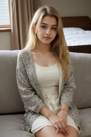 beautiful cute young attractive indian teenage girl, village girl, 18 years old, cute, Instagram model, medium blonde hair, warm, dacing, in home sit at sofa, wearing athenic outfit, casual outfit for women