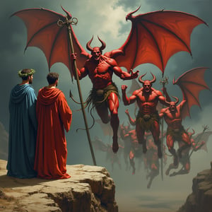 A highly detailed, realistic painting of two men standing on the edge of a rocky cliff. One wears a long blue robe, while the other is in a red robe with a laurel crown on his head. They stand side by side, calmly observing a group of muscular, red-skinned demons with large, bat-like wings engaged in a violent battle. The demons are in mid-air and on the ground, wielding long spears and pitchforks as they fight one another. Their contorted faces and sharp claws add to the chaotic, intense scene. The background features a dark, stormy sky and a vast, desolate landscape, giving the scene an eerie, otherworldly atmosphere.