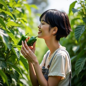 A peaceful pepper garden filled with vibrant, green pepper plants. A beautiful woman gardener with short black hair, styled neatly, is gently picking ripe peppers. She brings one close to her face, savoring the fresh, earthy aroma. Dressed in a simple but charming outfit, perhaps a light sundress or overalls, she has a natural elegance. Sunlight filters through the leaves, casting soft shadows over her as she works in the serene garden, creating a calm and harmonious atmosphere