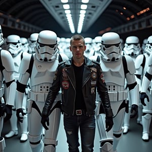 Imagine a scene on the deck of a Star Destroyer, where hundreds of Stormtroopers are lined up in disciplined formation, their white armor gleaming under the ship's intense lights. In the center, two Stormtroopers grip the arms of a metalhead, who wears a black leather jacket adorned with patches from famous bands and tight jeans. His sparse, short hair reflects a rebellious spirit, and he has a defiant expression as he is led away.

The backdrop features the vastness of space beyond the ship's railings, with stars twinkling against the darkness. The atmosphere is charged with tension, as the disciplined ranks of the Stormtroopers convey authority, while the individuality of the metalhead creates a striking contrast. This powerful visual narrative emphasizes the clash of distinct cultures within the expansive Star Wars universe, blending the military environment of the Star Destroyer with the free-spirited essence of metal music.