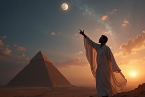 Under the vast expanse of a twilight sky, the sun and the moon rise simultaneously, casting an ethereal glow over the ancient landscape of Egypt. Atop a grand pyramid, a black priest stands, draped in flowing linen robes that flutter gently in the warm desert breeze. His arms are raised high, fingers outstretched towards the heavens, as he invokes the celestial powers above.

With intense focus, he points towards the brilliant Sirius constellation, which sparkles like a jewel against the deepening blue of the sky. The light of the moon reflects softly on his serene face, while the sun's rays illuminate his silhouette, creating a divine aura around him. The pyramid, a testament to the ancient civilization's architectural prowess, looms majestically behind him, as he connects the earthly realm to the cosmos, bridging the gap between gods and mortals.