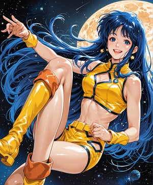 dpyuri, pale skin, long hair, blue hair, blue eyes, shiny yellow top crop, clothing cutout,shiny yellow shorts, Boots, yellow footwear
,cowboy shot,,from front,smile,happy,open eye,

in the space,Outer space star background,
 ,dynamic angle ,  
score_9, score_8_up, score_7_up, score_6_up, score_5_up, score_4_up, source anime, super fine, ultra detailed,extremely detailed CG unity 8k wallpaper,
detailed face,detailed eyes,perfect lighting,cinematic lighting,dynamic shadow, gamecg style,sci-fi,