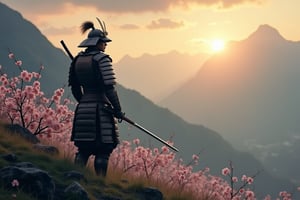 Imagine a powerful samurai standing on a misty hill at dawn, illuminated by the first rays of sunlight breaking through the clouds. He wears traditional, weathered armor, with intricate patterns etched into the plates, and his katana is drawn, reflecting the soft golden light. The samurai’s posture is calm yet ready for battle, exuding a quiet intensity. Behind him, cherry blossoms drift in the wind, their soft pink petals contrasting with the dark, rugged landscape. Distant mountains loom in the background, half-shrouded in mist, giving the scene a sense of vastness and mystery.

This wallpaper captures the spirit of honor, discipline, and strength, blending the serenity of nature with the fierce readiness of the warrior. The color palette is muted, with deep grays, greens, and browns in the landscape, while the samurai and cherry blossoms stand out in rich tones of steel and pink, giving the image a balance of tranquility and power.