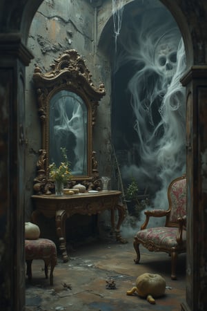 Surreal and eerie landscape with a haunted mirror, dark and moody atmosphere, intricate details in the room such as cobwebs and old furniture, surreal colors, by Salvador Dali or M.C. Escher, oil painting style with dreamlike elements.