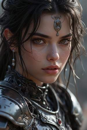 Closeup photo of a beautiful female knight, fierce and determined expression, intricate armor details, realistic lighting and textures, by artgerm lau and j scott campbell (long shot), fantasy concept art


