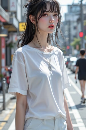 aidmafluxpro1.1,Street fashion illustration of a South Korean girl, wearing an oversized white t-shirt with cut bangs and long hair, walking down the street, vibrant colors, intricate details, realistic style by Soo Joo Park and Hyoni Kang.

