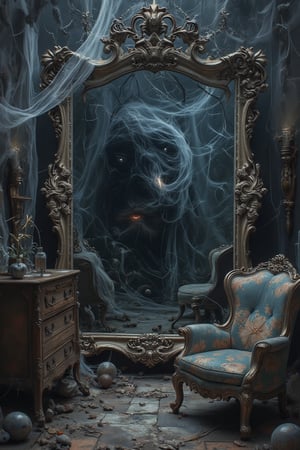 Surreal and eerie landscape with a haunted mirror, dark and moody atmosphere, intricate details in the room such as cobwebs and old furniture, surreal colors, by Salvador Dali or M.C. Escher, oil painting style with dreamlike elements.