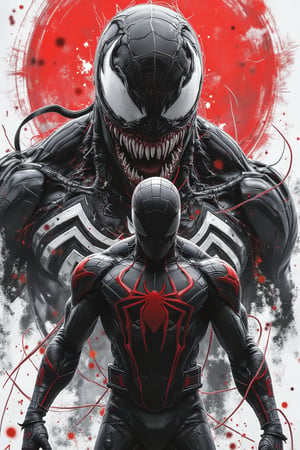 A gritty black and white illustration of Spider-Man, framed with a dramatic red sunburst in the background, as Venom's ominous presence looms large. The web-slinger's heroic pose is met with Venom's menacing dunk, a nod to Mike Deodato Jr.'s style. Miles Morales' iconic character meets Ryan Stegman-inspired symbiote chaos, blending Marvel art and Venomized mayhem.


