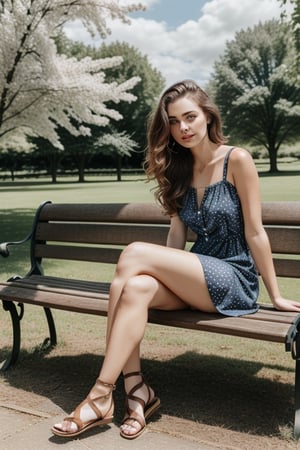 Realistic photograph of a beautiful young British woman , sitting on a bench in a park, small summer dress with flower pattern, brown hair, sandals, wavy hair, blue eyes, full lips