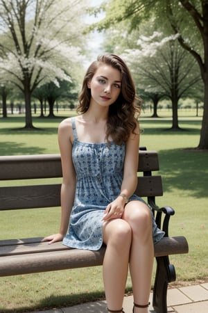 Realistic photograph of a beautiful young British woman , sitting on a bench in a park, small summer dress with flower pattern, brown hair, sandals, wavy hair, blue eyes, full lips,1GIRL,Age_Slider