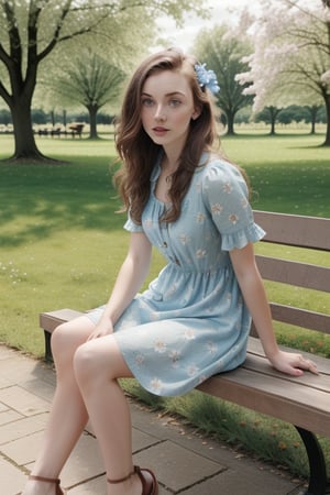 Realistic photograph of a beautiful young British woman , sitting on a bench in a park, small summer dress with flower pattern, brown hair, sandals, wavy hair, blue eyes, full lips,1GIRL