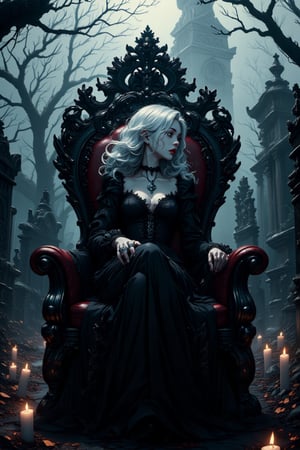 In a Shōnen anime style, a gothic-style chair sits in the center of a fog-covered cemetery with weathered tombstones and ancient, twisted trees with jagged branches. The dark mahogany chair has intricate designs with steampunk elements like metal valves, gears, and tubes. Seated on the chair is an Asian woman with icy blonde hair flowing in loose waves, wearing a black Victorian-inspired gown with a high neckline, long sleeves, and lace details. Her pale skin and crimson lips stand out vividly, and she gazes intensely into the distance. Silver gothic rings and a dark choker with a silver pendant adorn her. Candles on the ground cast a glowing light through the dense fog. In the background, shadowy gothic architecture emerges, enhancing the eerie, yet dynamic anime atmosphere."