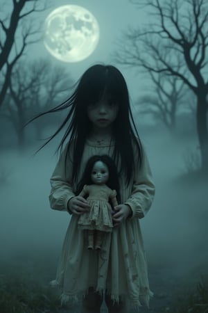 "A ghostly Asian little girl stands eerily in the dead of night, her slight frame giving an unsettling sense of vulnerability. She has long, jet-black hair, slick and unkempt, but now her creepy face is slightly visible. Her face shows pale, lifeless skin with dark, sunken eyes and a twisted, eerie expression. She wears a tattered, weathered white dress, frayed at the edges and stained with dirt, hanging loosely on her small body. In her hands, she clutches a broken doll with a cracked porcelain face missing one eye, with matted hair and twisted limbs, wearing a similarly tattered dress. Thick fog swirls around her, crawling across the ground as if alive. A large, almost full moon is barely visible through thick clouds, casting a cold, ethereal glow. In the background, twisted leafless trees and an overgrown, damp ground add to the oppressive horror. The camera angle is low, looking up slightly at the girl, making her seem more menacing, with the wind gently swaying her hair and the fog."
