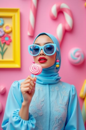 "Close-up of a bold woman in a Muslimah-style outfit: blue embroidered dress with long sleeves, modest high neckline, and matching blue hijab with subtle sparkles. She has bold makeup with blue eyeshadow, glossy red lips, and holds a pink lollipop. Accessories include oversized light blue sunglasses and colorful beaded earrings. The background features a pink wall, with a yellow framed picture of abstract flowers, surrounded by giant candy elements such as oversized lollipops, candy canes, and colorful gumdrops. The image is vibrant and whimsical, with a playful candy-filled environment, and a slight low-angle close-up shot."
