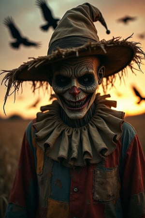 Dramatic close-up view from head to hip of a scarecrow resembling a realistic human figure, dressed in tattered clown jester clothing and wearing a worn, oversized straw hat. The hat casts deep shadows over the scarecrow’s unsettling grin and hollow eyes, adding to its eerie presence. The patched, weathered jester clothing flutters in the wind as crows and ravens circle ominously above. The scene is composed with phi ratio for perfect perspective, captured with a wide-angle lens. The lighting is dark and foreboding from the ominous sunset, casting harsh shadows across the scarecrow's face, highlighting the folds of its jester costume. The horror atmosphere is palpable, with the environment feeling eerie and desolate. The image follows WPA photo aesthetics. Post-processing includes oversharpening, expert dodge and burn, ISO 400 color film grain, and a dark vignette around the corners to intensify the horror and tension."