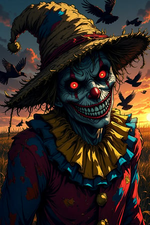 A close-up view of a scarecrow in Shōnen anime style, resembling a realistic human figure, dressed in tattered clown jester clothing with exaggerated, vibrant colors, and wearing a worn, oversized straw hat. The hat casts deep shadows over the scarecrow's unsettling grin and hollow, glowing eyes, adding to its creepy presence. The jester clothing flutters dramatically in the wind, with vibrant patches and exaggerated folds, while crows and ravens circle ominously above. The scene is captured with a dynamic perspective typical of Shōnen anime, using intense lighting from an ominous sunset, casting sharp, bold shadows across the scarecrow's face and enhancing the action. The background and atmosphere are desolate and eerie, with dramatic lines and shading characteristic of Shōnen style. Post-processing effects include anime-style highlights and bold outlines, with a dark vignette to emphasize the horror and tension.