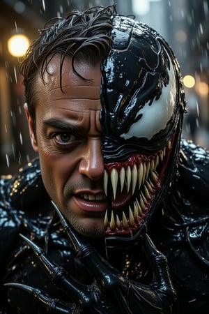 

"An extreme close-up of Venom from the Sony Pictures movie, with half of the face revealing the human side (Eddie Brock) and the other half showing the monstrous, alien side (Venom). Venom's side has sharp, jagged teeth and a menacing expression, while Eddie’s side has a distressed, fearful look. Eddie's short, scruffy brown hair is slick with sweat, contrasting with Venom’s sleek, black, glossy appearance, with dark symbiote tendrils creeping across his face. Eddie’s wide eyes show fear, while Venom’s larger eye glows with an eerie, white light, exuding malice. Eddie's hand is gripping his chest as he struggles with the transformation, while Venom’s clawed hand emerges ominously from the shadows. The background is a dark, rainy alley, with rainwater dripping down Eddie’s face and glistening on Venom's skin. Stormy weather, with flashes of lightning, adds a dramatic, horror-filled atmosphere. The lighting is dim, with highlights along the edges of their faces, emphasizing the split between man and monster."

