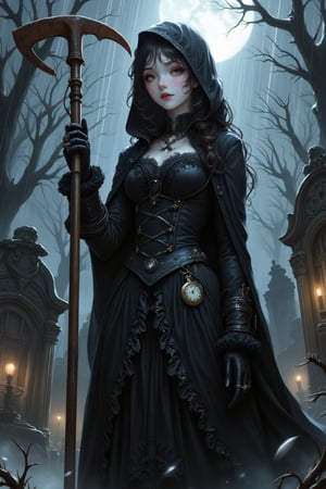 "An anime-style female undertaker in a dark, Victorian-inspired outfit stands in an ancient cemetery at night. She wears a fitted, high-collared, long-tailed black coat over a layered dress with lace details and silver chains across her chest, exuding gothic elegance. A dark hooded cloak flows behind her, and she has leather gloves with intricate silver embroidery on the cuffs. Her expression is haunting, with pale skin and intense, shadowed eyes that reflect wisdom and sorrow. Long, wavy black hair falls to her waist, damp from the rain, with stray strands framing her face. Subtle, smoky eye makeup and dark, matte lipstick enhance her ghostly allure. In one hand, she firmly grips a monstrous hoe with a rusted blade, designed for digging graves, standing in a poised, powerful stance. Silver rings adorn her fingers, and a vintage pocket watch dangles from her belt. The background is an ancient, eerie cemetery with numerous, crumbling tombstones and twisted leafless trees, all shrouded in mist and darkness. Rain pours down, glistening in the moonlight, with fog swirling around her feet and occasional lightning flashes casting a haunting glow. The perspective is from a low angle, giving her a towering, commanding presence, with highly detailed anime-style shading and line work. The color palette is rich and dark, capturing the intensity and drama of the night."