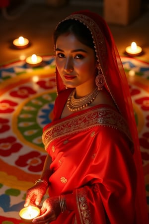 A hyperrealistic photograph of a beautiful Asian Malay woman wearing a red sari with intricate gold embroidery and a matching red hijab with an inner layer, standing in the warm glow of an oil lamp on the night of Diwali. She looks directly at the viewer with a gentle, warm expression. She is surrounded by a vibrant, colorful rangoli design on the ground behind her, with small candles glowing all around, enhancing the festive atmosphere. Her hands are adorned with detailed mehendi (henna art), and she wears glittering gold jewelry, including large earrings that reflect the soft light. Her light-toned skin glows with the interplay of light and shadow, creating a mystical, romantic ambiance.,Deepavali_Asian_Woman