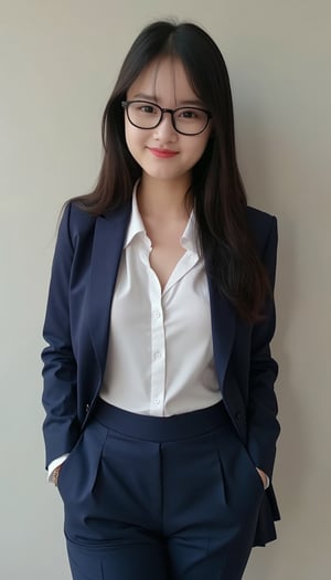 a young woman with long dark brown hair and glasses, beautiful young woman wearing office outfit, white_shirt, navy blazer, navy long pants, office_lady 